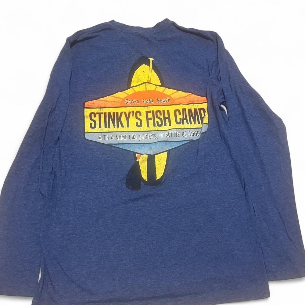 Blue long sleeve Santa Rosa Beach Stinky's Fish Camp graphic tee